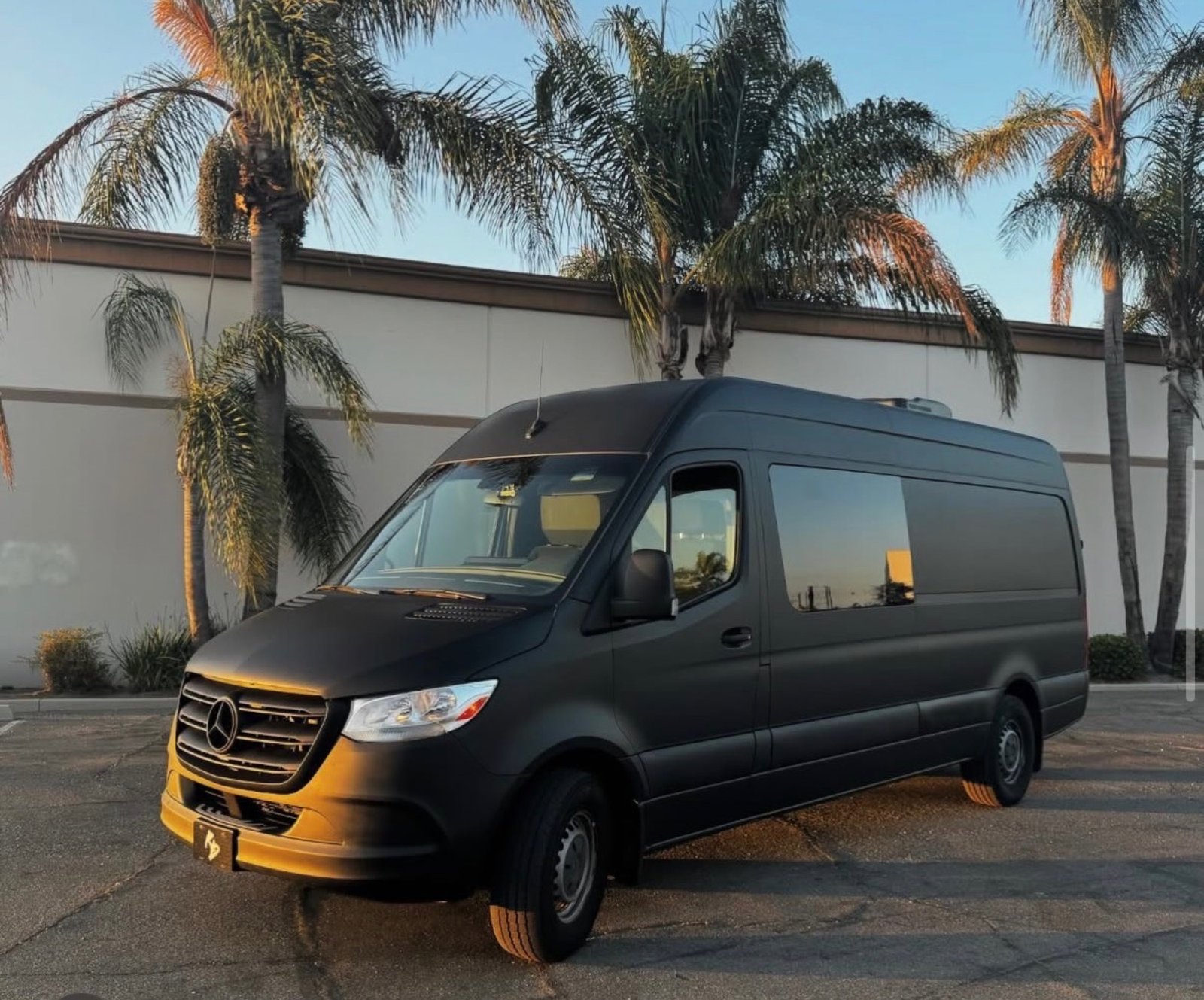 Matte black Sprinter van under California palms at golden hour